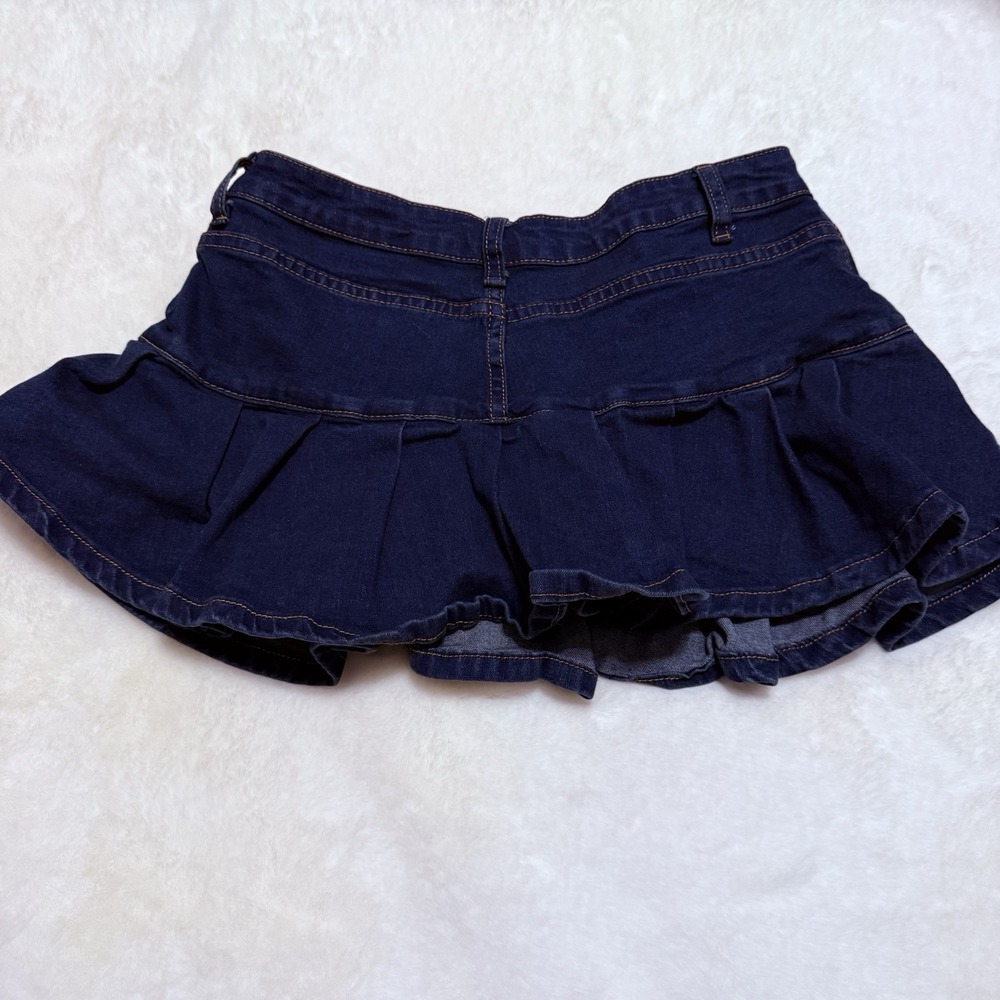 Blue Denim Mini Skirt with Ruffled Hem and Built-In Shorts Size Medium - Picture 2 of 7